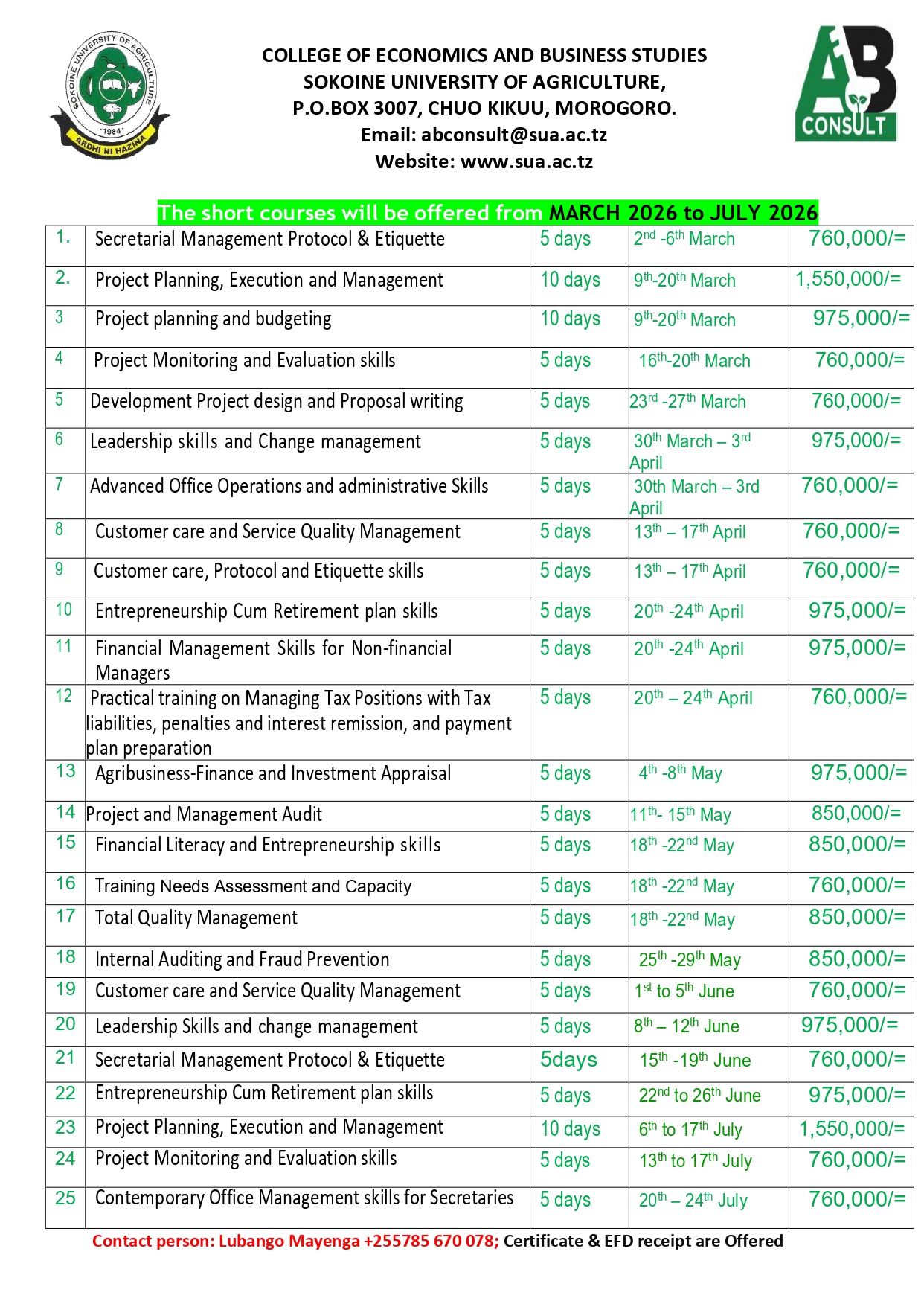 SHORT COURSES -2026 up to JULY