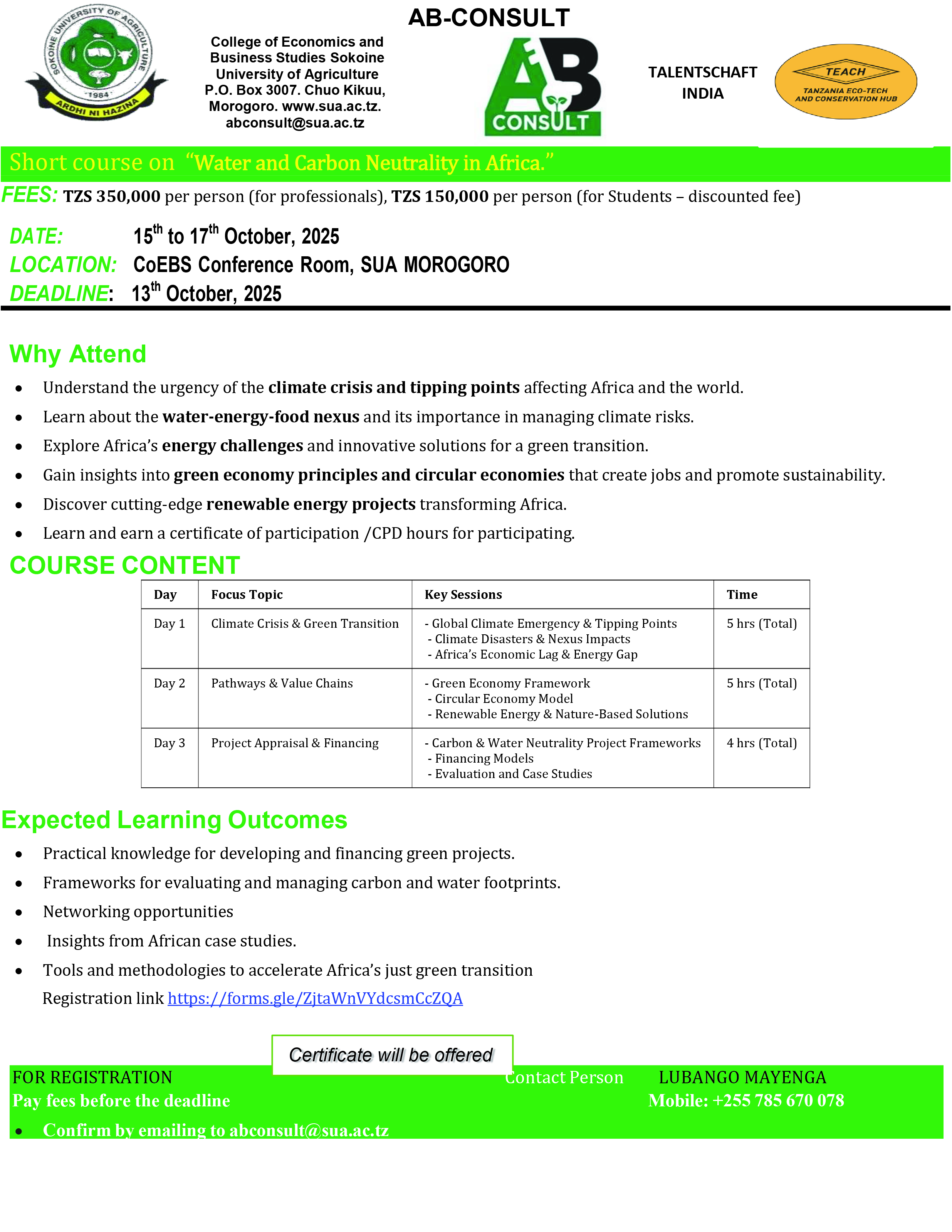 Short course on “Water and Carbon Neutrality in Africa.” 1