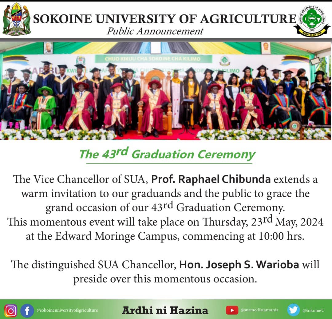 43rd Graduation Ceremony to be held on 23rd May, 2024 at Edward Moringe Campus.