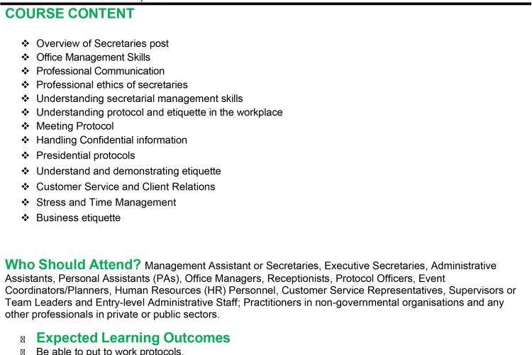 Short course on “ Secretarial Management Protocol & Etiquette."